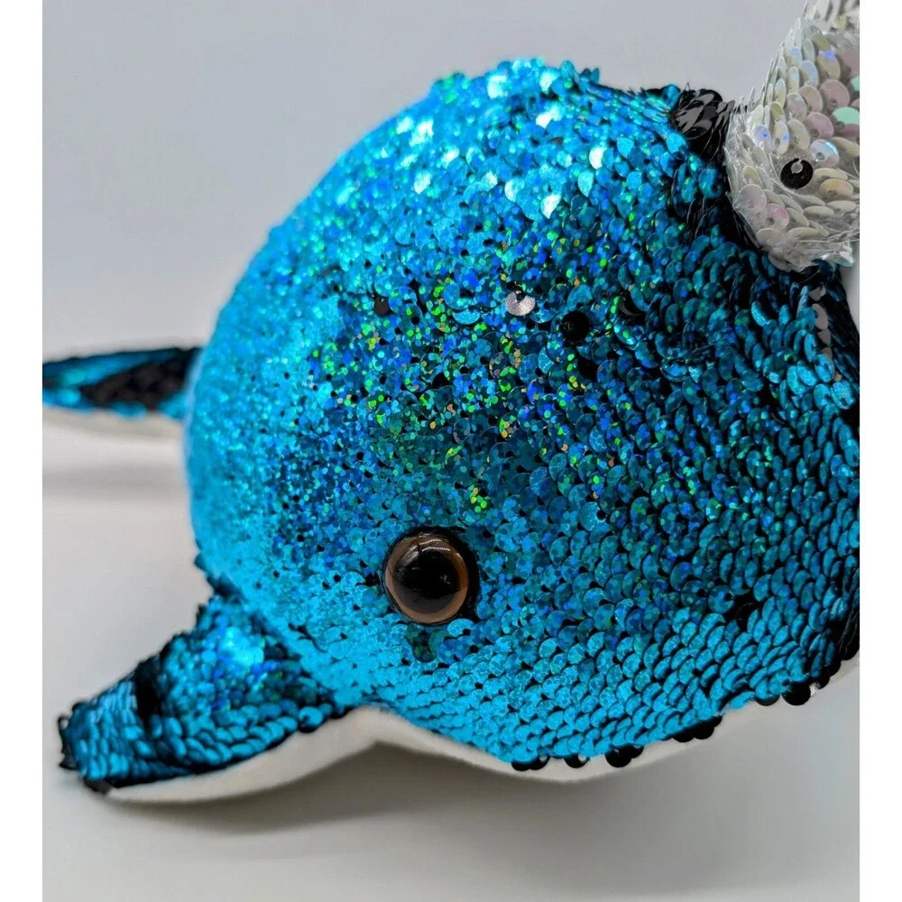 GOFFA Plush NARWHAL Blue And Black Sequin Stuffed Animal 13